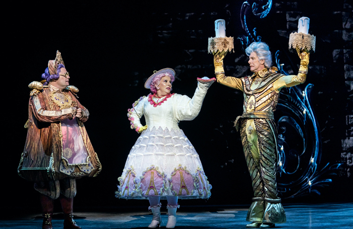 Cogsworth (Nigel Richards), Mrs Potts (Sam Bailey) and Lumiere (Gavin Lee)