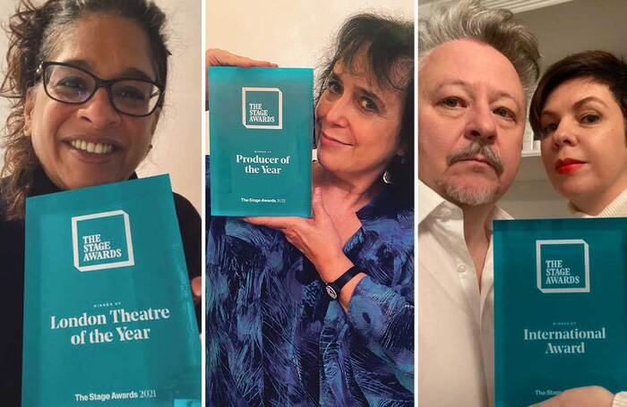 Awards winners from 2021: Indhu Rubasingham, Nica Burns, and Nicolai Khalezin and Natalia Kaliada of Belarus Free Theatre