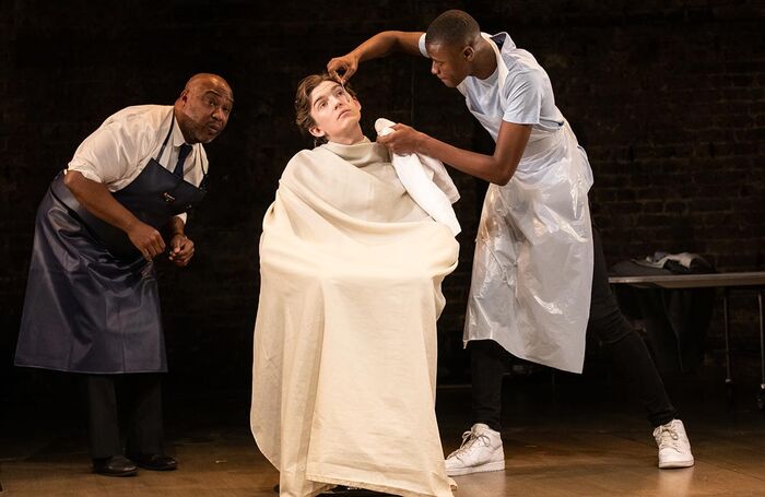 Jason Barnett, Bill Milner and Chima Akpa in The Full Works at the Almeida Theatre. Photo: Ali Wright