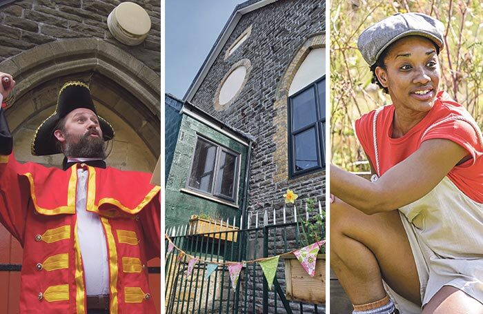 Sam Bees as the Porth Town Crier in Leeway Productions&rsquo; Porth y Cwtsh project (photo: Angharad Lee); Hopkinstown Community Hall, gifted to Citrus Arts by the OAP Group and Theatr Iolo&rsquo;s Baby, Bird and Bee (photo: Kirsten McTernan)