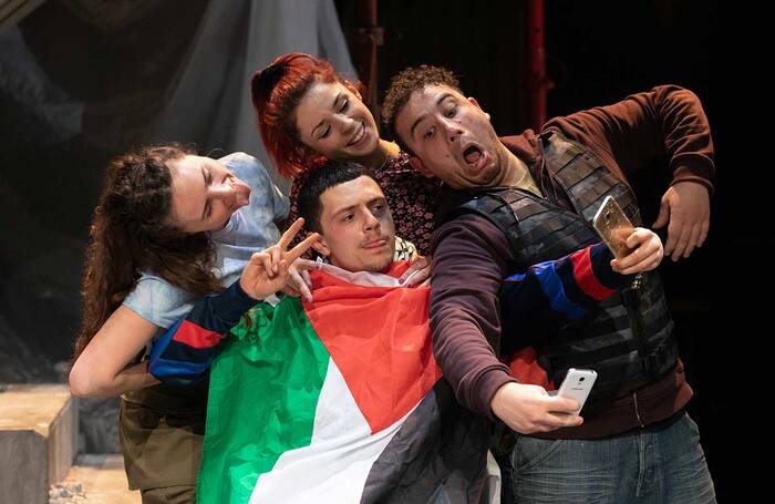 Mai Weisz, Sofia Danu, Luca Kamleh Chapman and Joe Haddad in two Palestinians go dogging at Jerwood Theatre Upstairs, Royal Court Theatre, London. Photo: Ali Wright Mai Weisz, Sofia Danu, Luca Kamleh Chapman and Joe Haddad in two Palestinians go dogging at Jerwood Theatre Upstairs, Royal Court Theatre, London. Photo: Ali Wright
