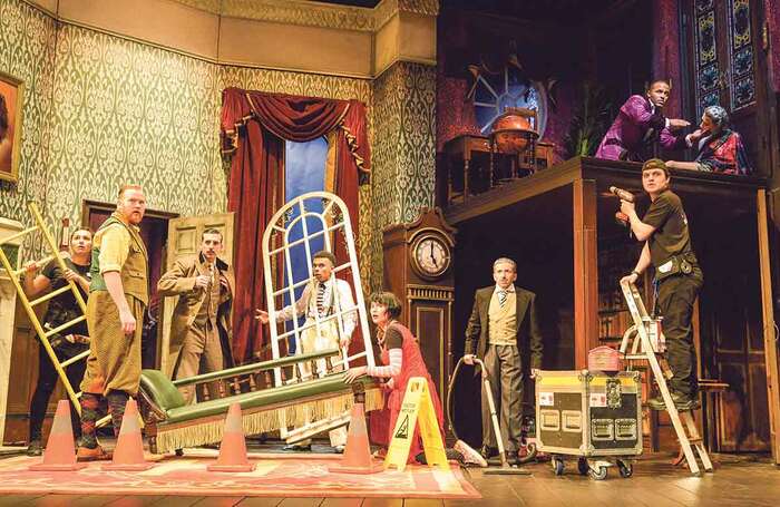 The Company of The Play That Goes Wrong at the Duchess Theatre, 2019. Photo: Robert Day