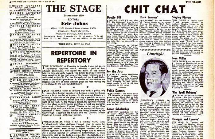 Clipping from the June 14, 1962 edition of The Stage