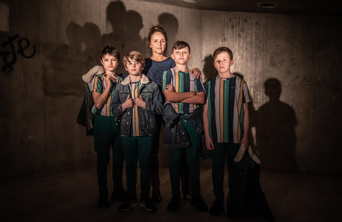 Sally Ann Triplett, who plays Mrs Wilkinson, with Billy cast members Samuel Newby, Alfie Napolitano, Jaden Shentall-Lee and Leo Hollingsworth. Photo: Marc Brenner