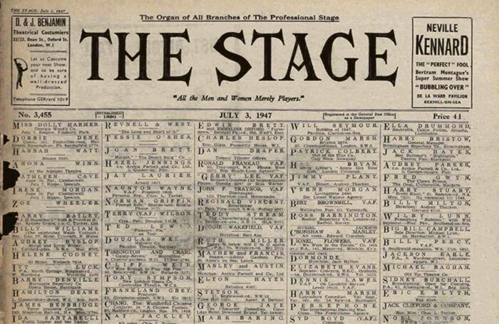 Front cover of the July 3, 1947 edition of The Stage Front cover of the July 3, 1947 edition of The Stage
