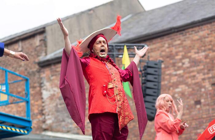 Oliver Senton hosting the parade and ceremony to open the Shakespeare North Playhouse, Prescot