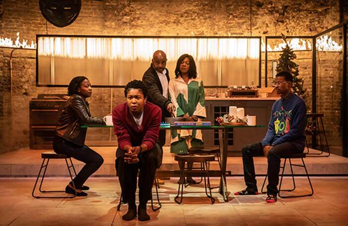 Mercy Ojelade, Gloria Obianyo, Maynard Eziashi, Donna Berlin and Simon Manyonda in The Clinic at Almeida Theatre, London. Photo: Marc Brenner