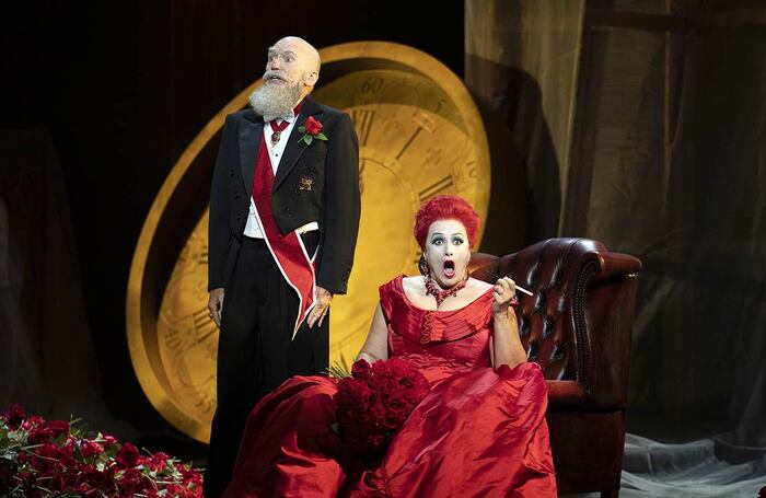 Alan Oke and Ángeles Blancas Gulin in The Makropulos Affair at Wales Millennium Centre, Cardiff. Photo: Richard Hubert Smith