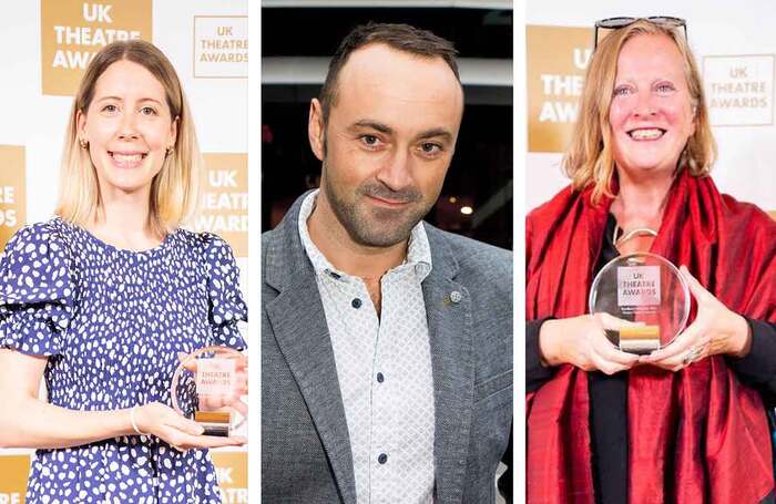 Sophie Scull, left, and Jenny Sealey, right, at the UK Theatre Awards (photos: Ewa Ferdynus). Centre: Chris Stafford (photos: Ellie Kurttz)