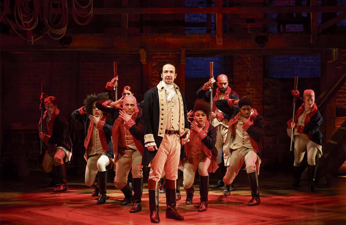 Lin-Manuel Miranda and the company in Hamilton at the Public Theater (2015): Photo: Joan Marcus Lin-Manuel Miranda and the company in Hamilton at the Public Theater (2015): Photo: Joan Marcus