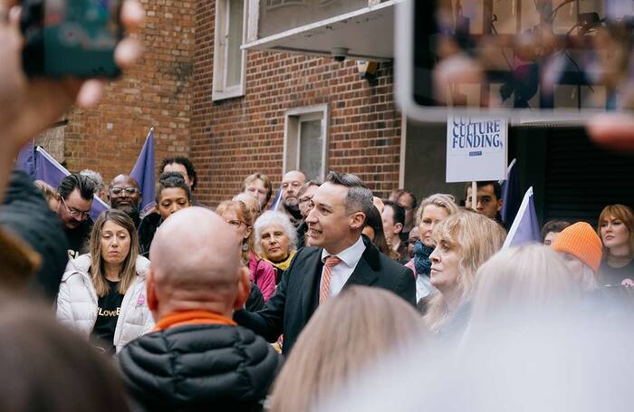 Equity general secretary Paul W Fleming speaking at a London protest against the NPO-funding decisions