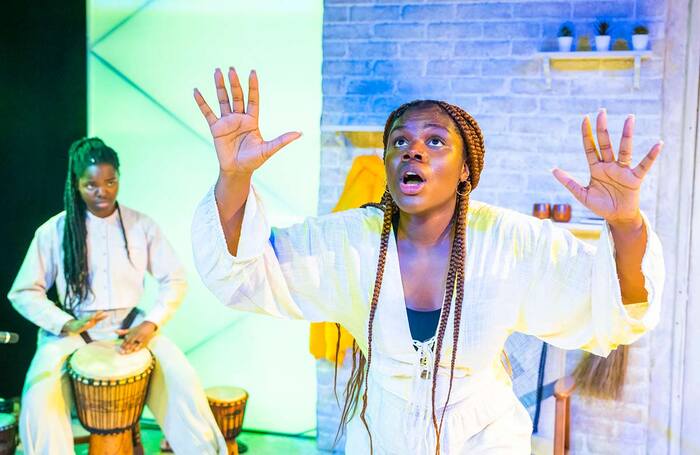 Francesca Amewudah-Rivers and Tania Nwachukwu in The Kola Nut Does Not Speak English at the Bush Theatre, London. Photo: Tristram Kenton Francesca Amewudah-Rivers and Tania Nwachukwu in The Kola Nut Does Not Speak English at the Bush Theatre, London. Photo: Tristram Kenton