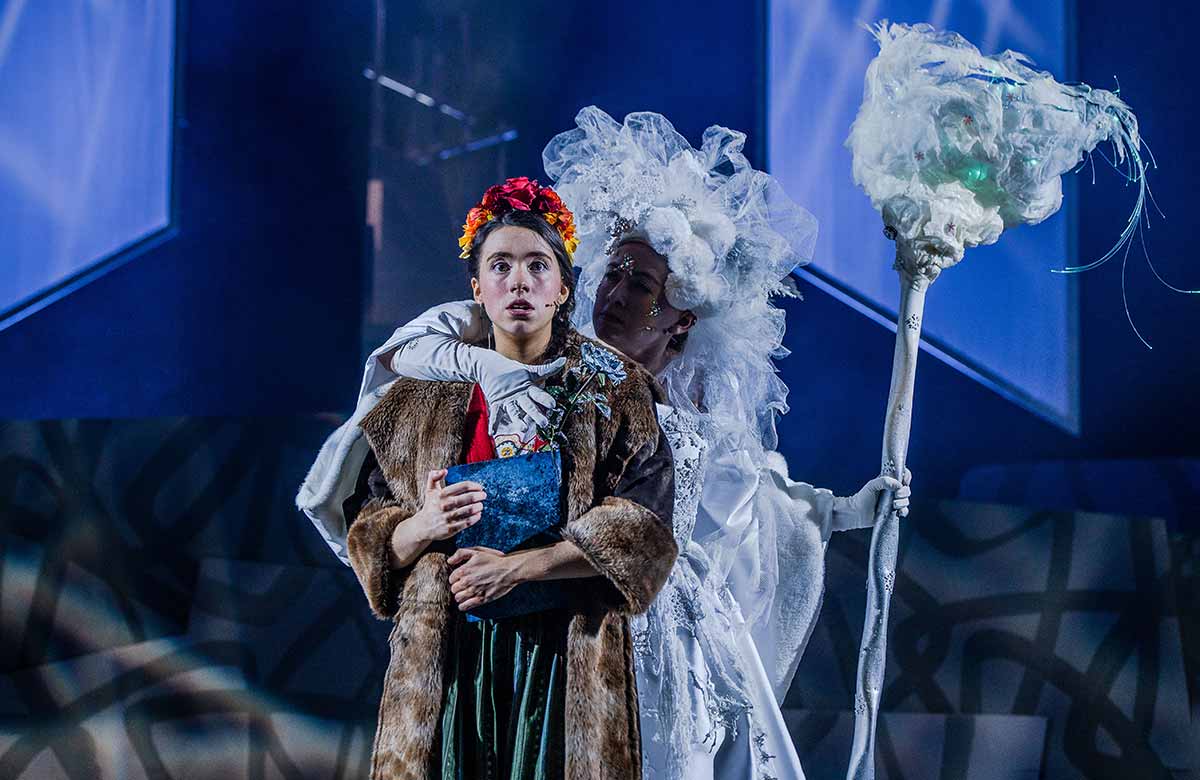 Calla Hughes Nic Aoidh and Ruby Campbell in The Snow Queen at the Lyric Theatre, Belfast. Photo: Carrie Davenport