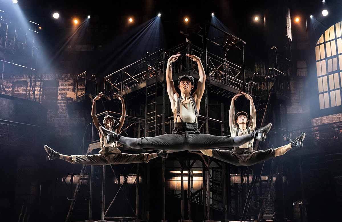 Mukeni Nel, Cameron Jones and Mark Samaras in Disney's Newsies at Troubadour Wembley Park. Photo: Johan Persson