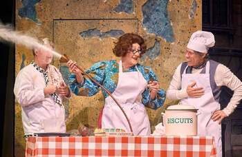 Oscar Conlon-Morrey, Ian McKellen and John Bishop in Mother Goose at Theatre Royal Brighton. Photo: Manuel Harlan