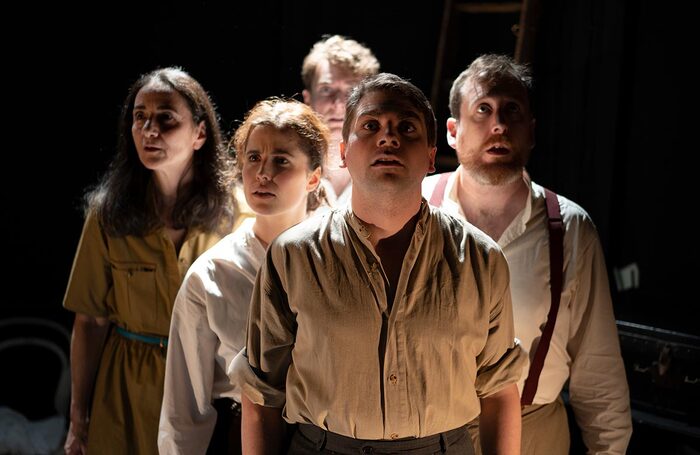 Ruth Lass, Lisa O'Connor, Alex Cartuson, Eoin O'Dubhghaill and Danann McAleer in 12:37 at the Finborough Theatre, London. Photo: Yaron Lapid