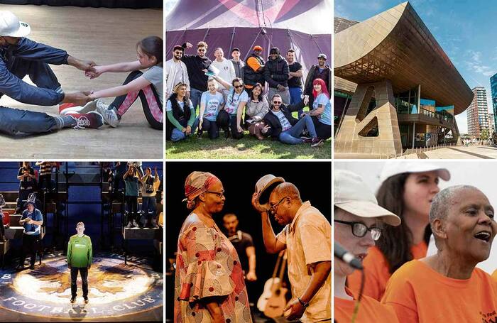 Top row: Story-Led Resilience programme, Over to You festival, The Lowry. Bottom row: Oh When the Saints, Protein Dance and JOY Festival. Photo: Shutterstock/Alastair More/Alice Underwood/Turtle Key Arts