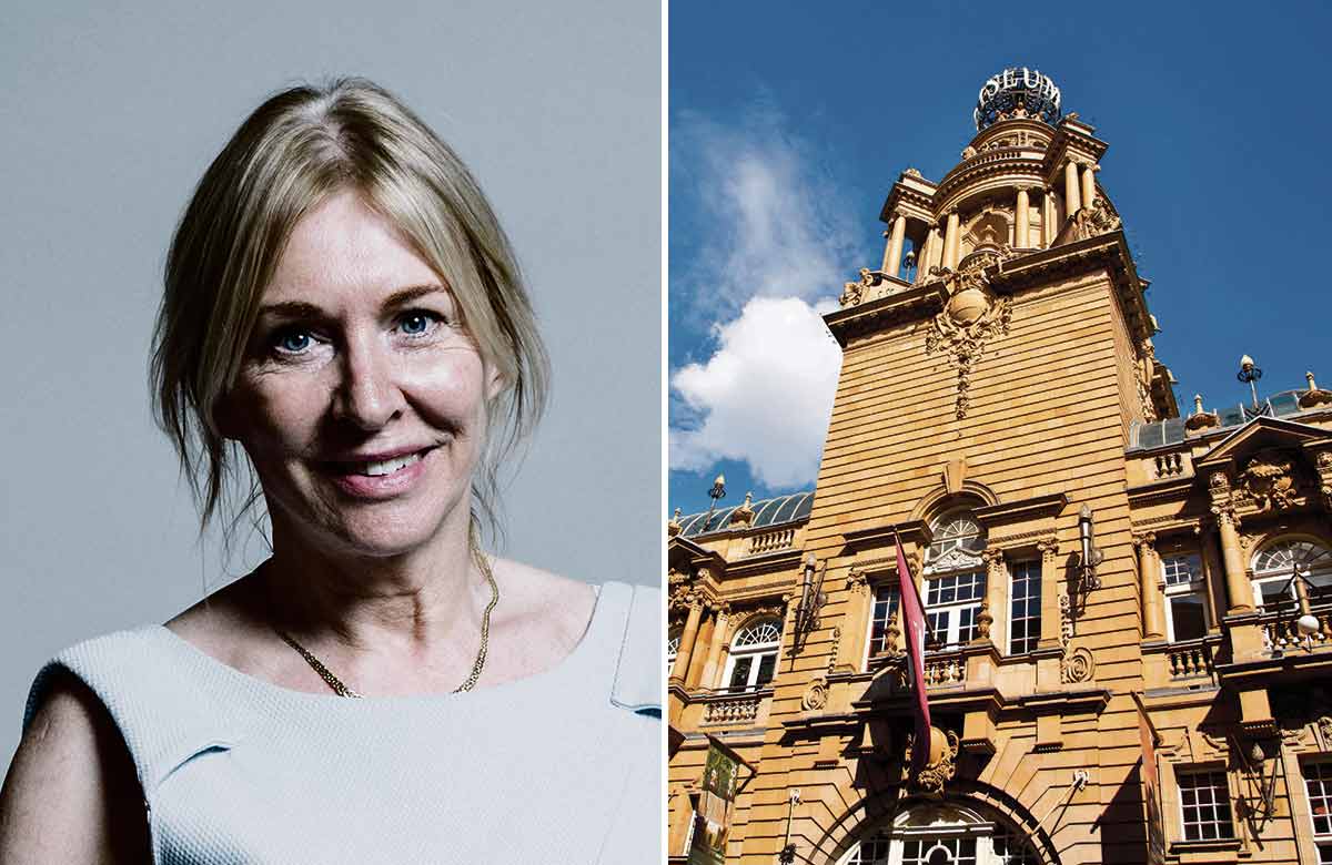 Nadine Dorries and the London Coliseum. Photos: Chris McAndrew/Shutterstock