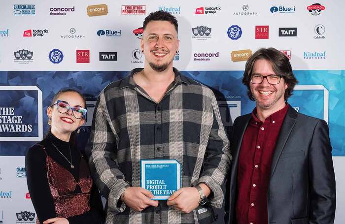 Lucy James, Tom Craig and John Whall at The Stage Awards 2023 where they won the digital project of the year award. Photo: Alex Brenner