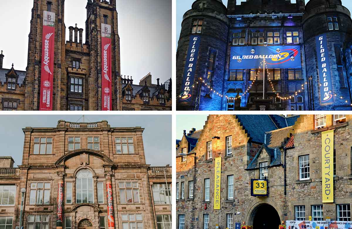 Edinburgh venues, clockwise: Assembly, Gilded Balloon, the Pleasance and Summerhall. Photos: Shutterstock/Steve Ullathorne