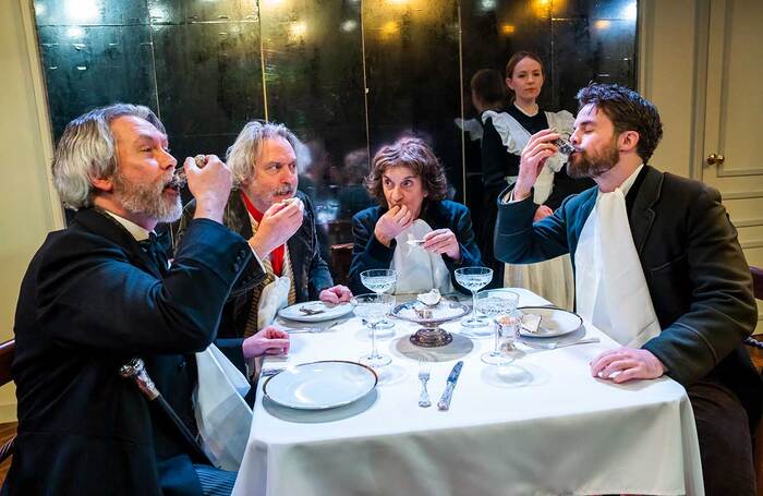 Giles Taylor, Bob Barrett, Norma Atallah, Rosalind Lailey and Peter Hannah in The Oyster Problem at Jermyn Street Theatre, London. Photo: Tristram Kenton