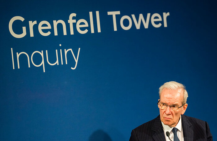 Thomas Wheatley in Grenfell: System Failure &ndash; Scenes from the Inquiry at the Playground Theatre, London. Photo: Tristram Kenton