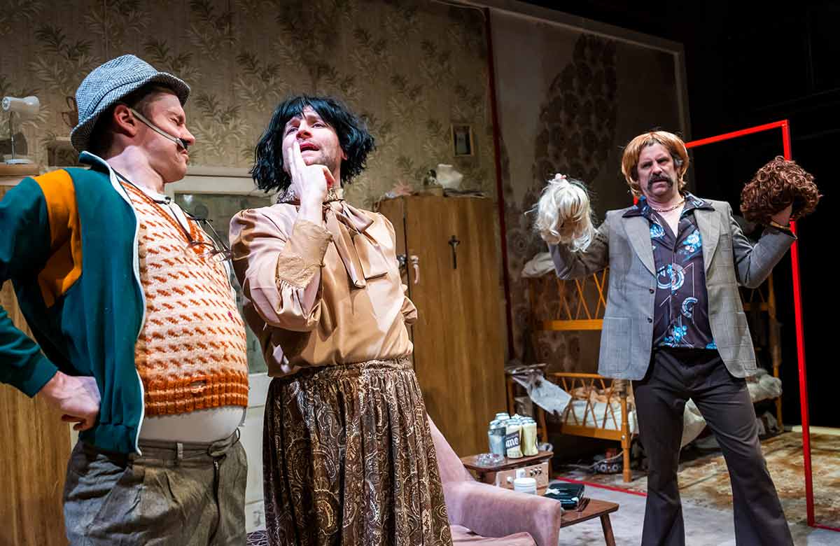 Emmet Byrne, Killian Coyle and Dan Skinner in The Walworth Farce at Southwark Playhouse, Elephant. Photo: Tristram Kenton