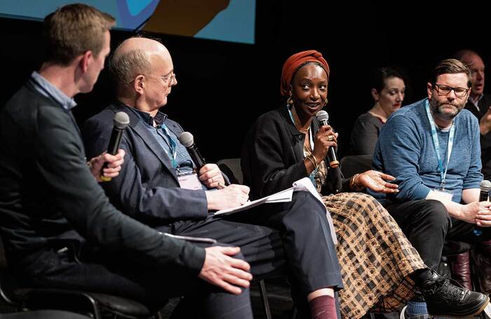 Matthew Hemley, David Edgar, Chinonyerem Odimba and David Eldridge at the Future of Theatre conference. Photo: David Monteith-Hodge