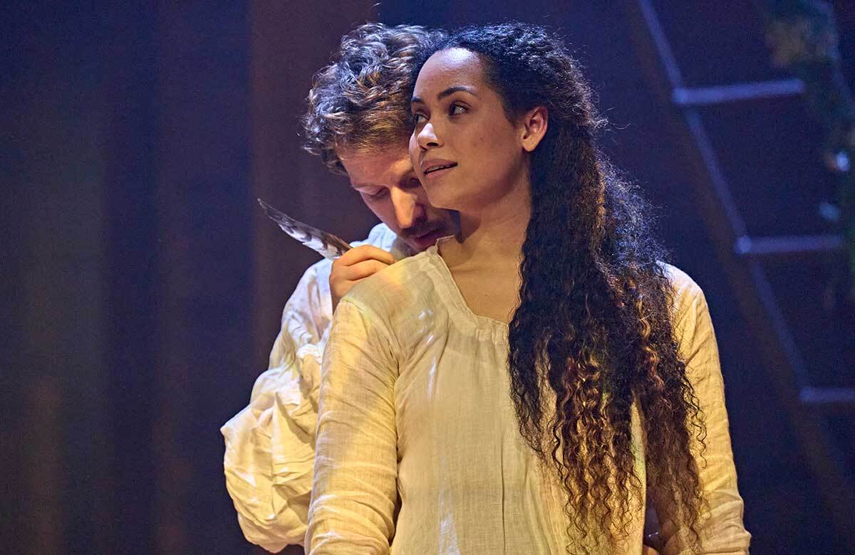 Tom Varey and Madeleine Mantock in the RSC's stage adaptation of Hamnet at Swan Theatre, Stratford-upon-Avon (2023). Photo: Manuel Harlan/RSC Tom Varey and Madeleine Mantock in the RSC's stage adaptation of Hamnet at Swan Theatre, Stratford-upon-Avon (2023). Photo: Manuel Harlan/RSC
