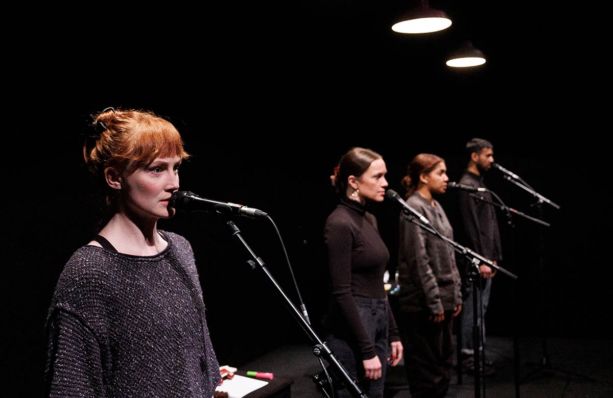 Eve Ponsonby, Eleanor Henderson, Rebekah Murrell and Ragevan Vasan in little scratch at the New Diorama Theatre. Photo: Ellie Kurttz