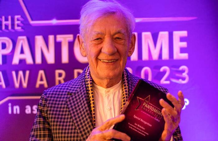 Ian McKellen at the Pantomime Awards 2023 with his special achievement award. Photo: Bekki Frost