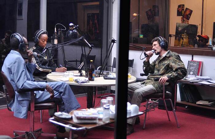 Diogène Ntarindwa, Bwanga Pilipili and Sébastien Foucault in Hate Radio at Battersea Arts Centre, London. Photo: Zeno Graton/IIPM