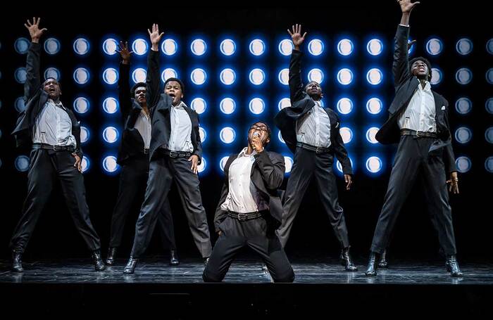 Tosh Wanogho-Maud (centre) and cast of Ain’t Too Proud at the Prince Edward Theatre, London. Photo: Johan Persson