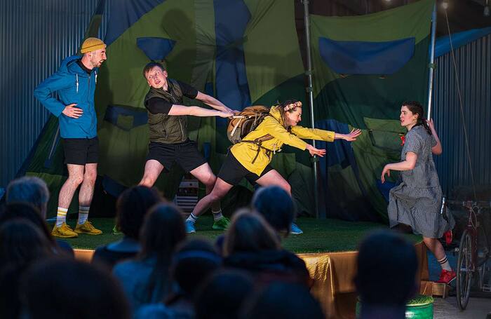 Alex Crook, George Attwell Gerhards, Jenny Smith and Meredith Lewis in the Handlebards' A Midsummer Night's Dream. Photo: Tom Dixon