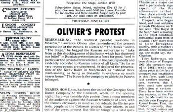 Laurence Olivier&rsquo;s plea to Russia &ndash; 50 years ago in The Stage