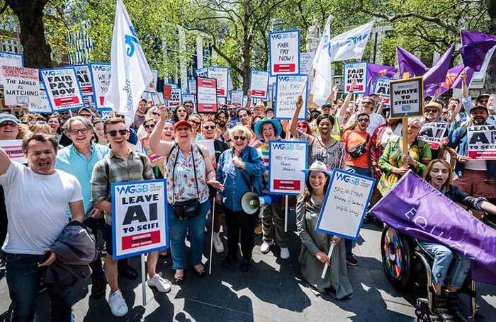 The protest in London's Leicester Square as part of a global day of solidarity and action for the writers' strike. Photo: Em Fitzgerald