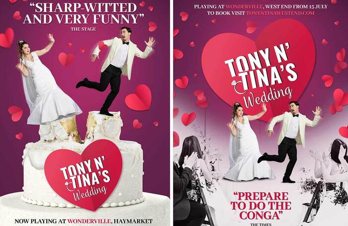 The banned poster for Tony n’ Tina’s Wedding, left, and the revised poster, right, sans cake