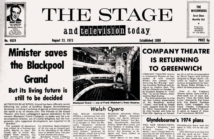 Clipping from the front page of the August 23, 1973 edition of The Stage
