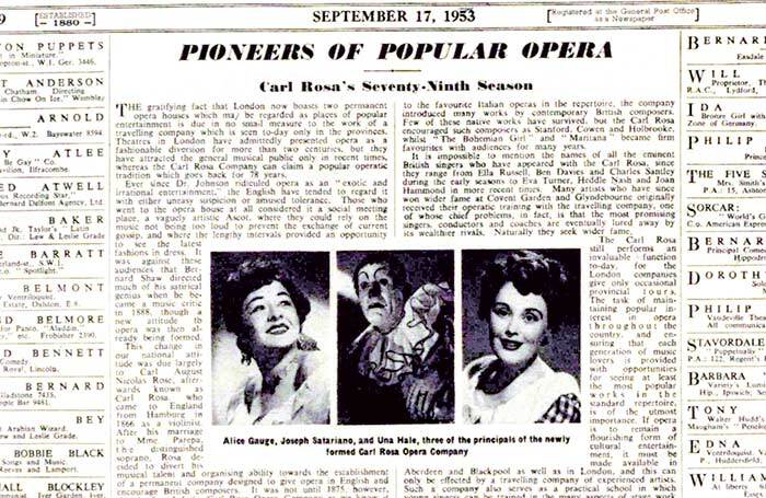 Clipping from the front page of the September 17, 1953 edition of The Stage