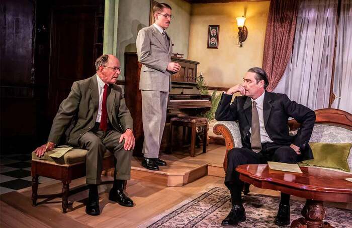 Simon Chandler, Matt Duckett and Nathaniel Parker in Operation Epsilon at Southwark Playhouse Elephant, London. Photo: Pamela Raith Simon Chandler, Matt Duckett and Nathaniel Parker in Operation Epsilon at Southwark Playhouse Elephant, London. Photo: Pamela Raith