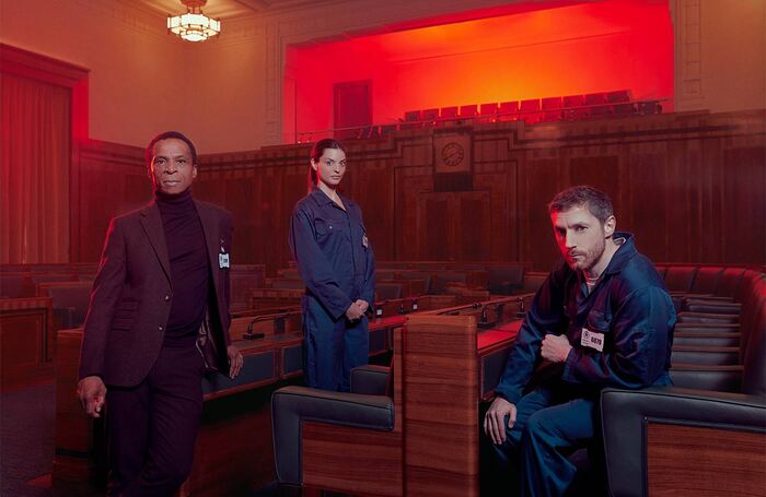 Jude Akuwudike, Kit Reeve and Declan Rodgers in George Orwell&rsquo;s 1984 at Hackney Town Hall, London. Photo: The Other Richard