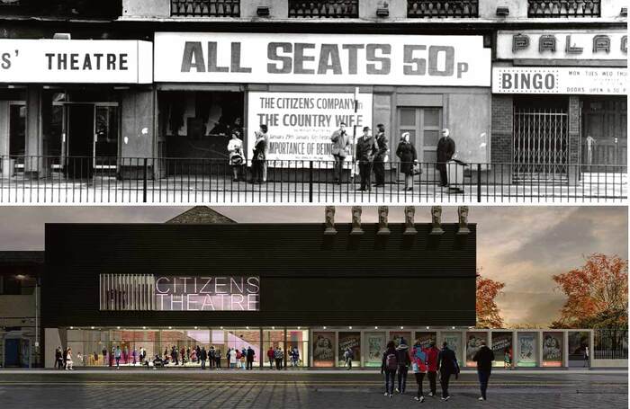 The Citizens Theatre in 1977 and a rendering of the theatre’s restoration, due to open next year