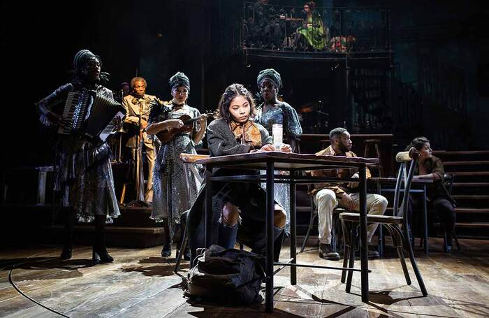 Eva Noblezada, Carly Mercedes Dyer, Gloria Onitiri and Rosie Fletcher in the 2018 run of Hadestown at the National Theatre. Photo: Helen Maybanks