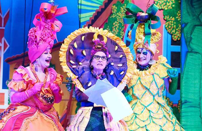 Laura Gómez Gracia, Pepa Duarte and Ian Crowe in Cinderella at the Theatre, Chipping Norton. Photo: Geraint Lewis