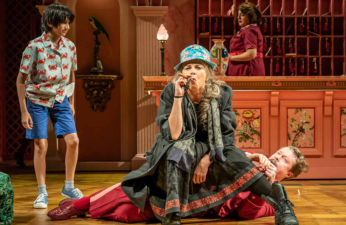 Vishal Soni, Sally Ann Triplett and Daniel Rigby in The Witches at the National Theatre. Photo: Marc Brenner