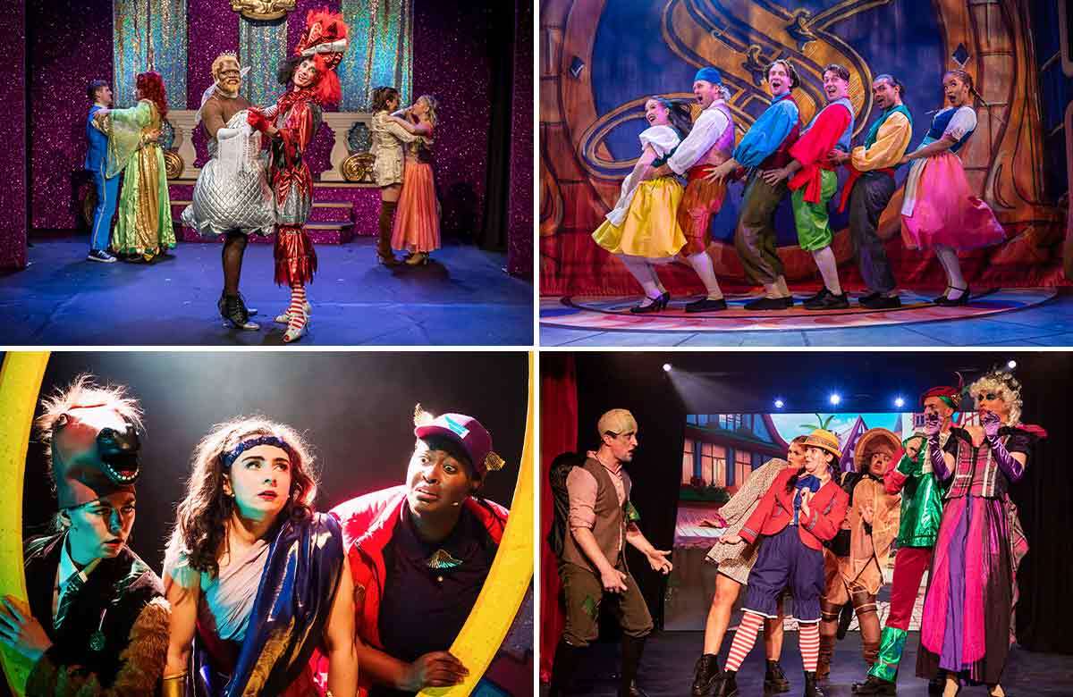 Adult pantomime round-up: (clockwise) Tinderella at Union Theatre (London), Sleeping Beauty Takes A Prick (Charing Cross Theatre, London), Puss in Boots (Wonderville, London) and Odyssey (Jermyn Street Theatre). Photos: Robin Savage/Oli Sones/Alex Brenner