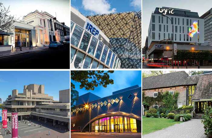 The Stage Awards 2024 Theatre of the Year includes (clockwise from top left) Almeida Theatre, London; Birmingham Rep; Lyric Hammersmith, London; Watemill Theatre, Newbury; Sherman Theatre, Cardiff; National Theatre, London 