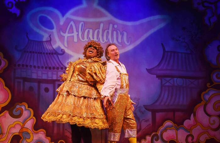 Donovan Christian Cary and Robert Hopkins in Aladdin at Princes Hall Theatre, Aldershot