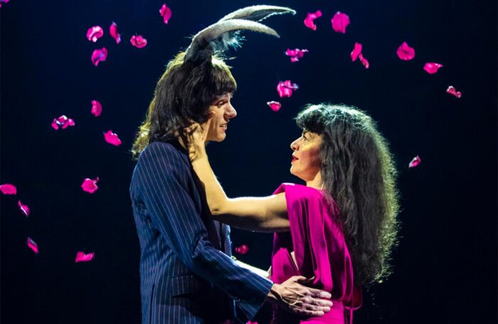 Mathew Baynton and Sirine Saba in A Midsummer Nights Dream at the Royal Shakespeare Theatre, Stratford-upon-Avon. Photo: Pamela Raith