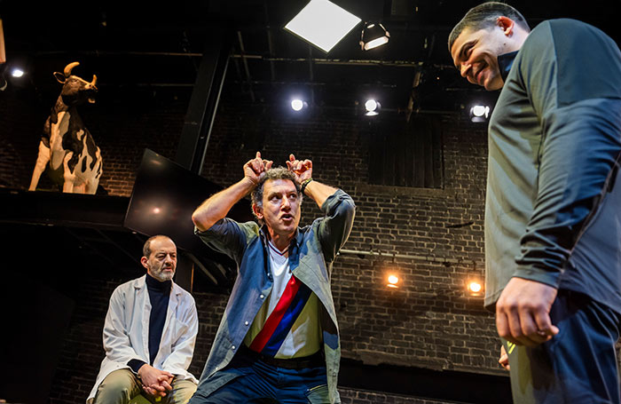 Danny Scheinmann, Al Nedjari and Charlie MacGechan in When You Pass Over My Tomb at the Arcola Theatre, London. Photo: Tristram Kenton